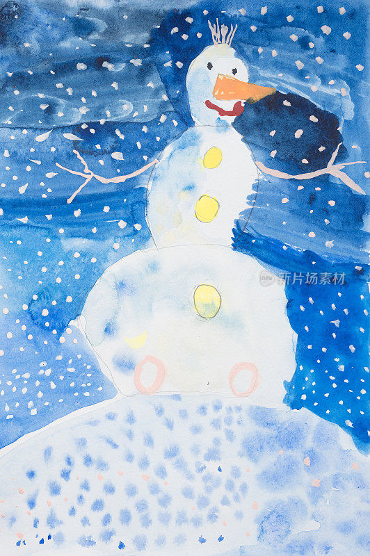 Children do DIY watercolors on textured paper - on snowy winter days, build a snowman, a snow woman or a person in a snowbank. Winter fun for kids. Children's art hand painting